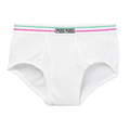 White briefs with a white waistband featuring a thin mint green stripe, a pink stripe, and a black label in the center that reads 'PUSS PUSS'.