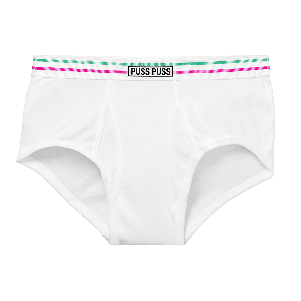White briefs with a white waistband featuring a thin mint green stripe, a pink stripe, and a black label in the center that reads 'PUSS PUSS'.