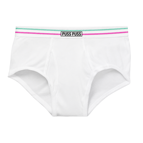 White briefs with a white waistband featuring a thin mint green stripe, a pink stripe, and a black label in the center that reads 'PUSS PUSS'.