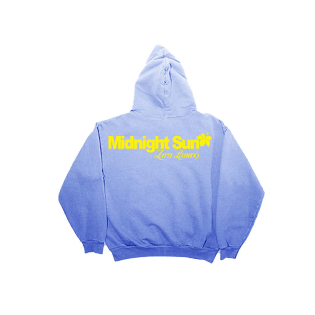 A light blue pullover hoodie shown from the back, featuring a yellow graphic print that reads 'Midnight Super Life Lessons' across the upper back, set against a plain white background.
