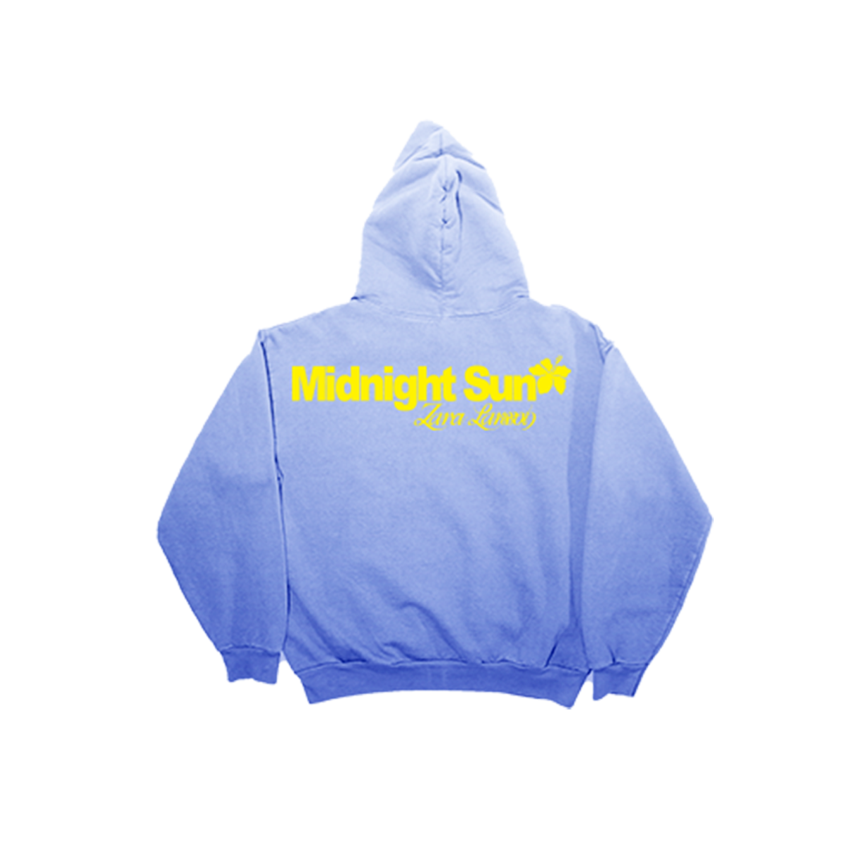 A light blue pullover hoodie shown from the back, featuring a yellow graphic print that reads 'Midnight Super Life Lessons' across the upper back, set against a plain white background.