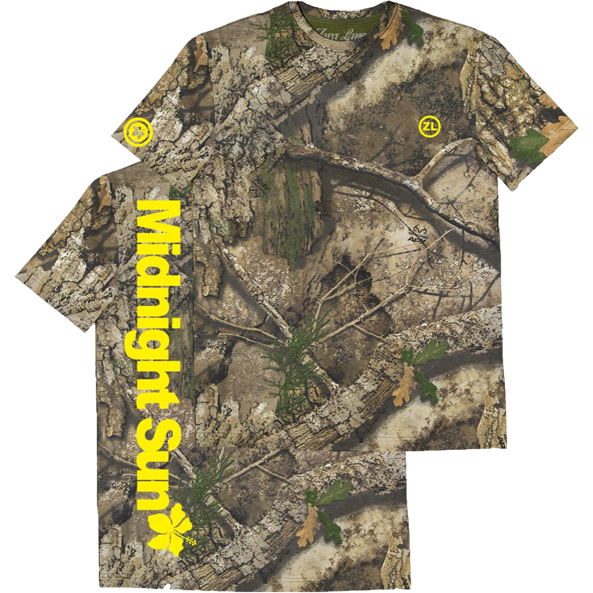 A short-sleeve t-shirt with an all-over woodland camouflage pattern, featuring a large vertical yellow 'Midnight Sun' text graphic on the right sleeve and a small yellow circular logo on the left chest and right shoulder.