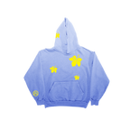 A light blue pullover hoodie with yellow graphic prints, including butterfly and star motifs on the front and hood, and a small circular logo on the left sleeve, shown against a plain white background.
