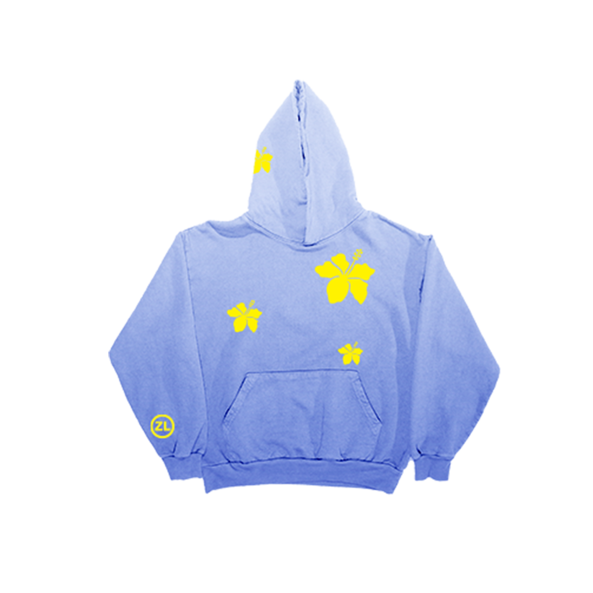 A light blue pullover hoodie with yellow graphic prints, including butterfly and star motifs on the front and hood, and a small circular logo on the left sleeve, shown against a plain white background.