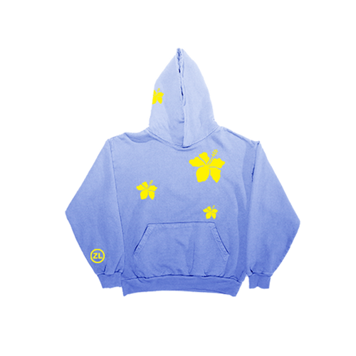 A light blue pullover hoodie with yellow graphic prints, including butterfly and star motifs on the front and hood, and a small circular logo on the left sleeve, shown against a plain white background.