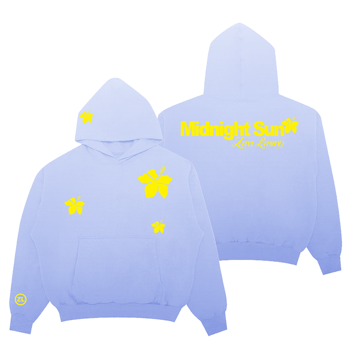 A light periwinkle blue hoodie shown from both the front and back. The front features a kangaroo pocket, a yellow hibiscus flower on the chest, and smaller yellow flowers on the sleeves.