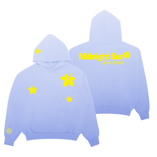 A light periwinkle blue hoodie shown from both the front and back. The front features a kangaroo pocket, a yellow hibiscus flower on the chest, and smaller yellow flowers on the sleeves.