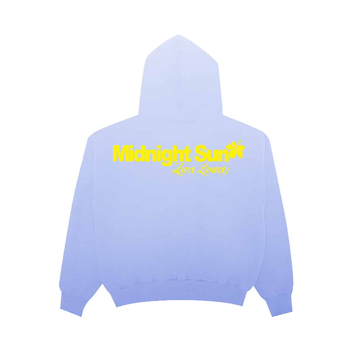 A light blue pullover hoodie shown from the back, featuring a bright yellow graphic print that reads 'Midnight Sun' with a flower icon and 'Kava Rum' written below.