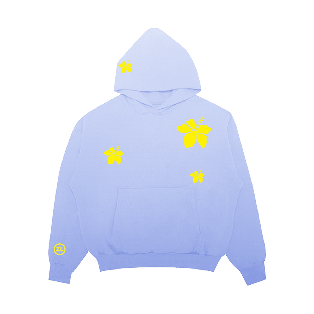 A light periwinkle blue pullover hoodie with yellow hibiscus flower graphics on the chest, hood, and sleeve, displayed against a solid white background.