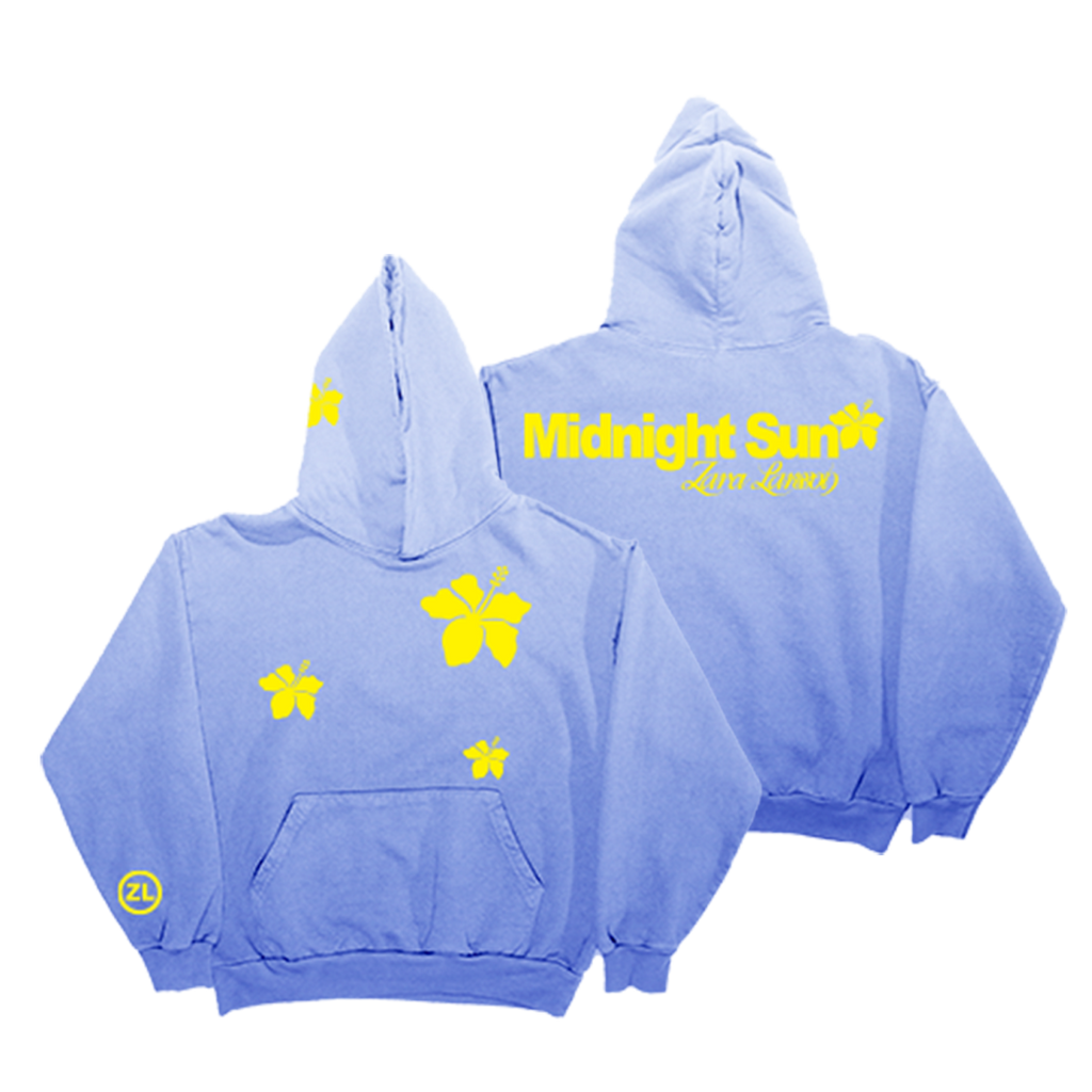 A light blue hooded sweatshirt shown from both front and back against a plain white background. The front features a kangaroo pocket and yellow butterfly and star graphics, while the back displays 'Midnight Surf' and 'Lumiere' in yellow text with a butterfly graphic.