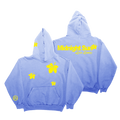 A light blue hooded sweatshirt shown from both front and back against a plain white background. The front features a kangaroo pocket and yellow butterfly and star graphics, while the back displays 'Midnight Surf' and 'Lumiere' in yellow text with a butterfly graphic.