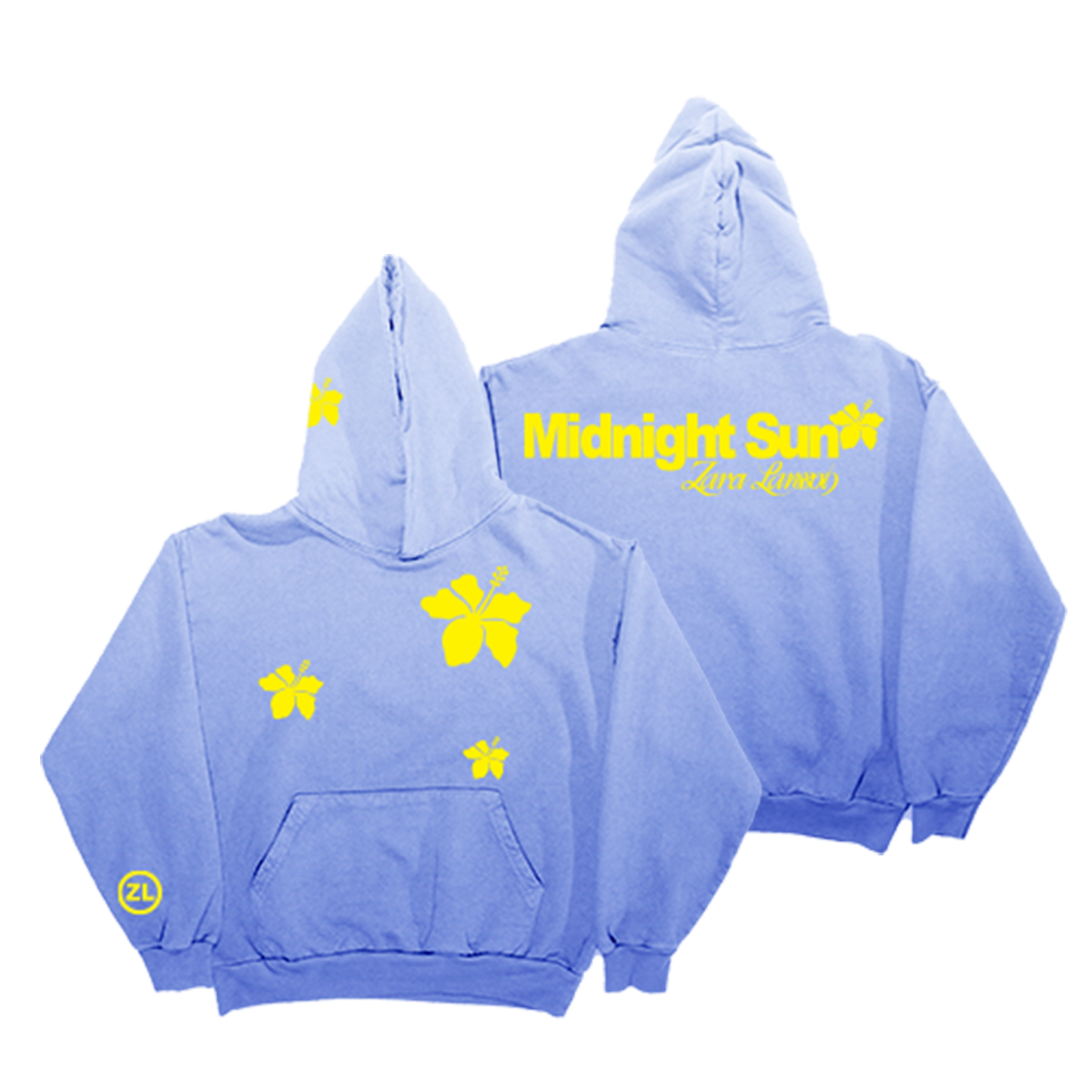 A light blue hooded sweatshirt shown from both front and back against a plain white background. The front features a kangaroo pocket and yellow butterfly and star graphics, while the back displays 'Midnight Surf' and 'Lumiere' in yellow text with a butterfly graphic.