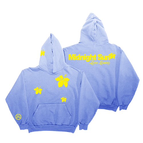 A light blue hooded sweatshirt shown from both front and back against a plain white background. The front features a kangaroo pocket and yellow butterfly and star graphics, while the back displays 'Midnight Surf' and 'Lumiere' in yellow text with a butterfly graphic.